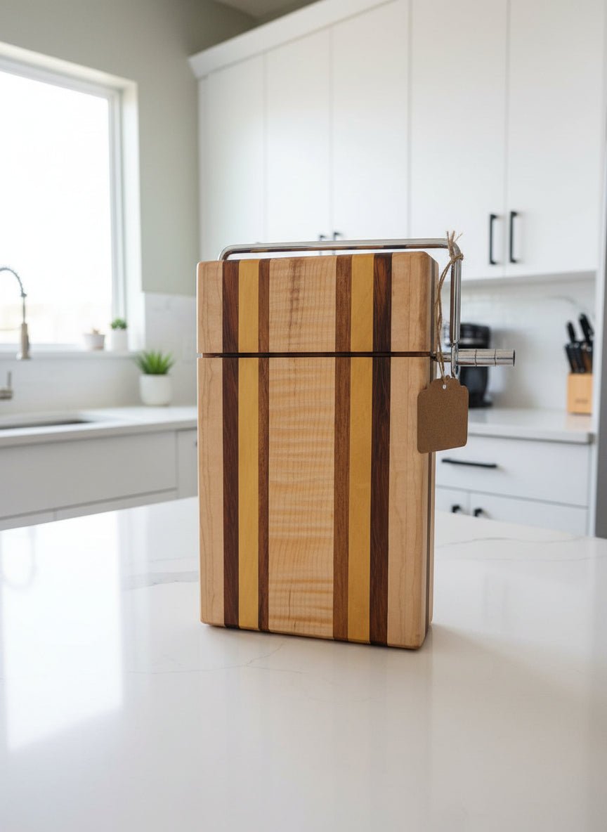 Handmade Cheese Slicer – Curly Maple, Yellowheart & Tigerwood (6" x 9" x 3/4")