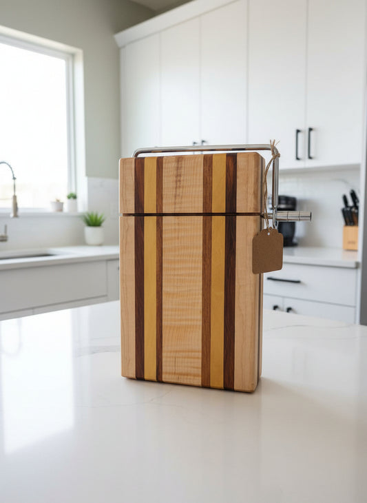 Handmade Cheese Slicer – Curly Maple, Yellowheart & Tigerwood (6" x 9" x 3/4")