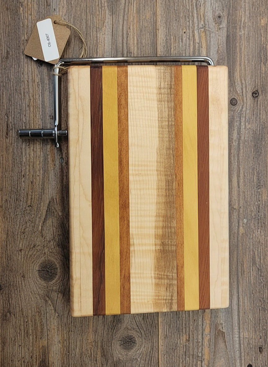 Handmade Cheese Slicer – Curly Maple, Yellowheart & Tigerwood (6" x 9" x 3/4")