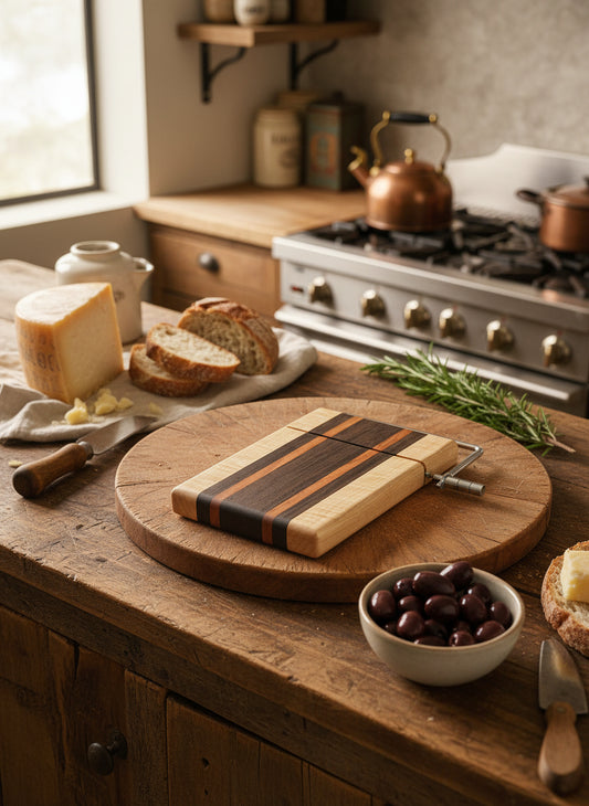 Handmade Cheese Slicer – Wenge, Curly Maple & Tigerwood (6" x 9" x 3/4")