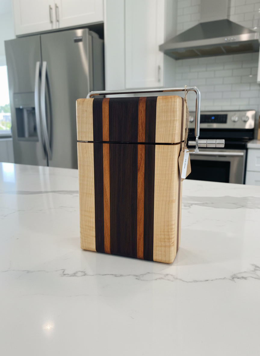 Handmade Cheese Slicer – Wenge, Curly Maple & Tigerwood (6" x 9" x 3/4")