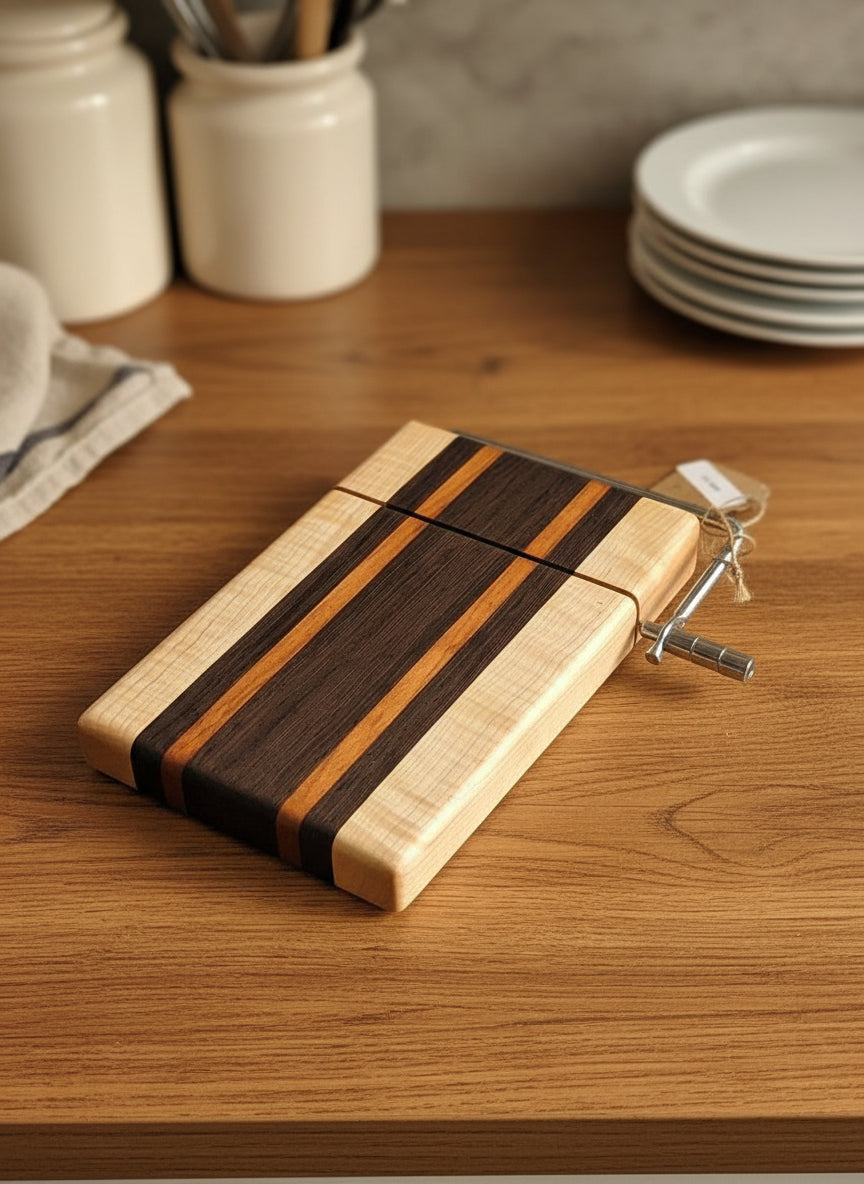 Handmade Cheese Slicer – Wenge, Curly Maple & Tigerwood (6" x 9" x 3/4")