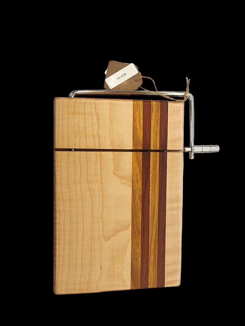 Handmade Cheese Slicer – Curly Maple, Padauk & Canarywood (6" x 9" x 3/4")