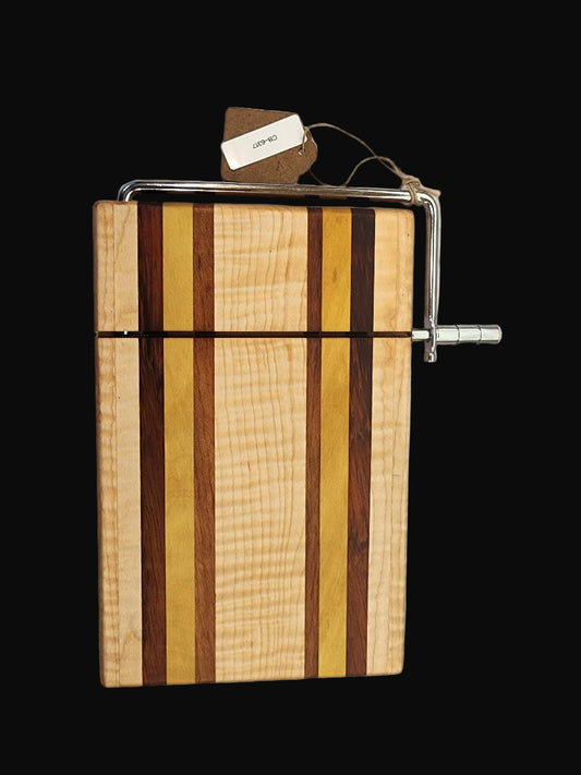 Handmade Cheese Slicer – Curly Maple, Yellowheart & Tigerwood (6" x 9" x 3/4")