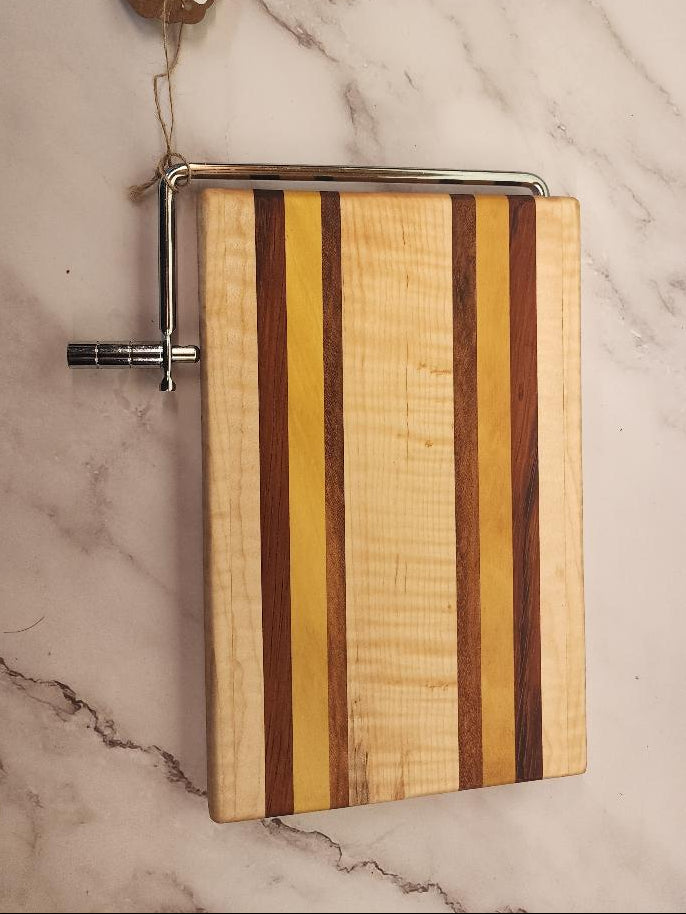 Handmade Cheese Slicer – Curly Maple, Yellowheart & Tigerwood (6" x 9" x 3/4")