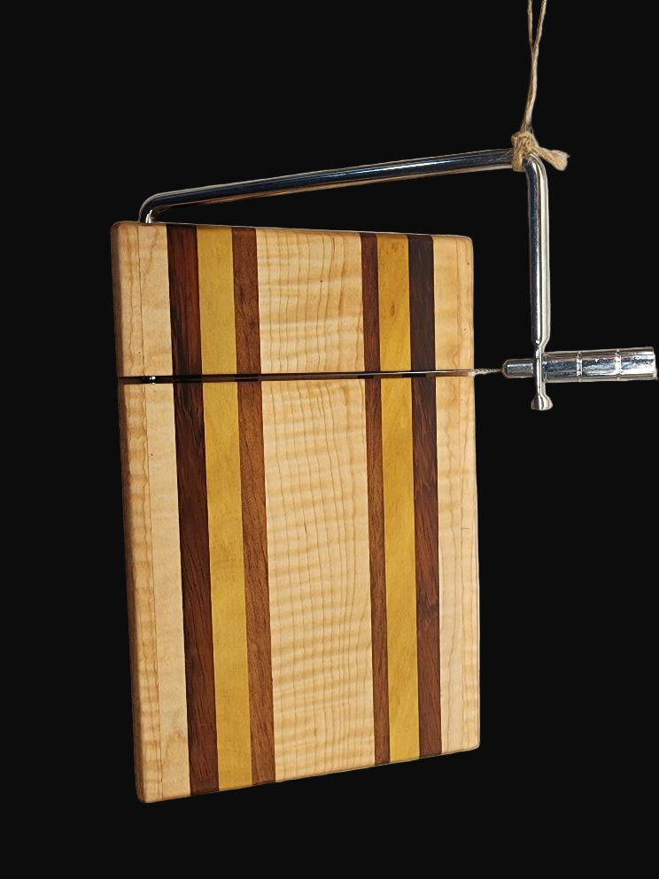 Handmade Cheese Slicer – Curly Maple, Yellowheart & Tigerwood (6" x 9" x 3/4")