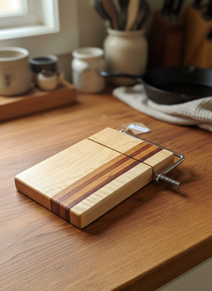 Handmade Cheese Slicer – Curly Maple, Padauk & Canarywood (6" x 9" x 3/4")