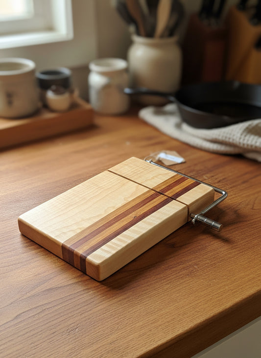 Handmade Cheese Slicer – Curly Maple, Padauk & Canarywood (6" x 9" x 3/4")