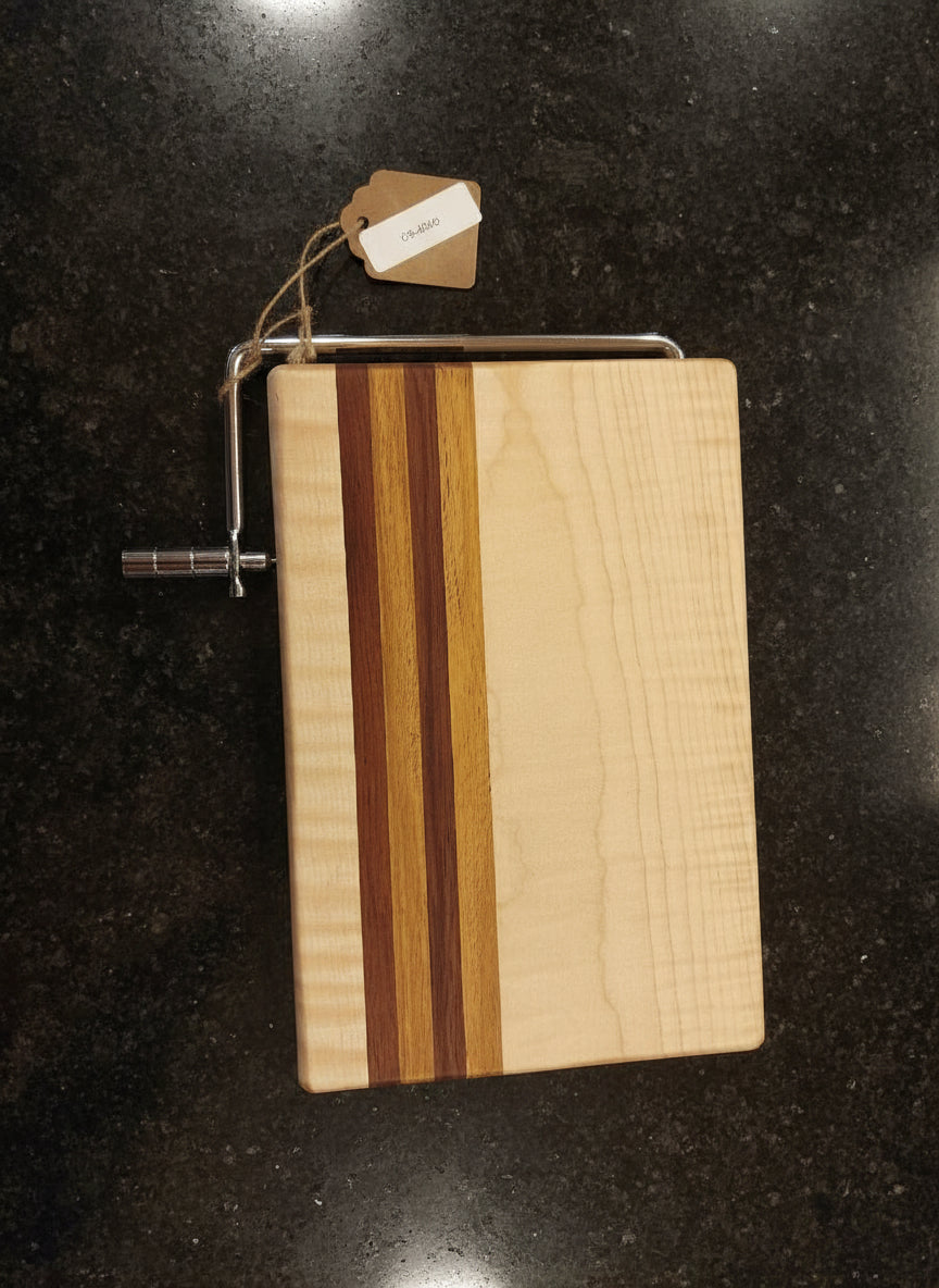Handmade Cheese Slicer – Curly Maple, Padauk & Canarywood (6" x 9" x 3/4")