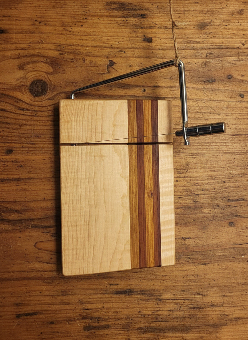 Handmade Cheese Slicer – Curly Maple, Padauk & Canarywood (6" x 9" x 3/4")