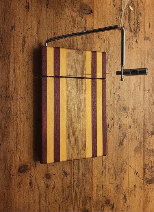 Handmade Cheese Slicer – Purpleheart, Yellowheart & Curly Maple (6" x 9")