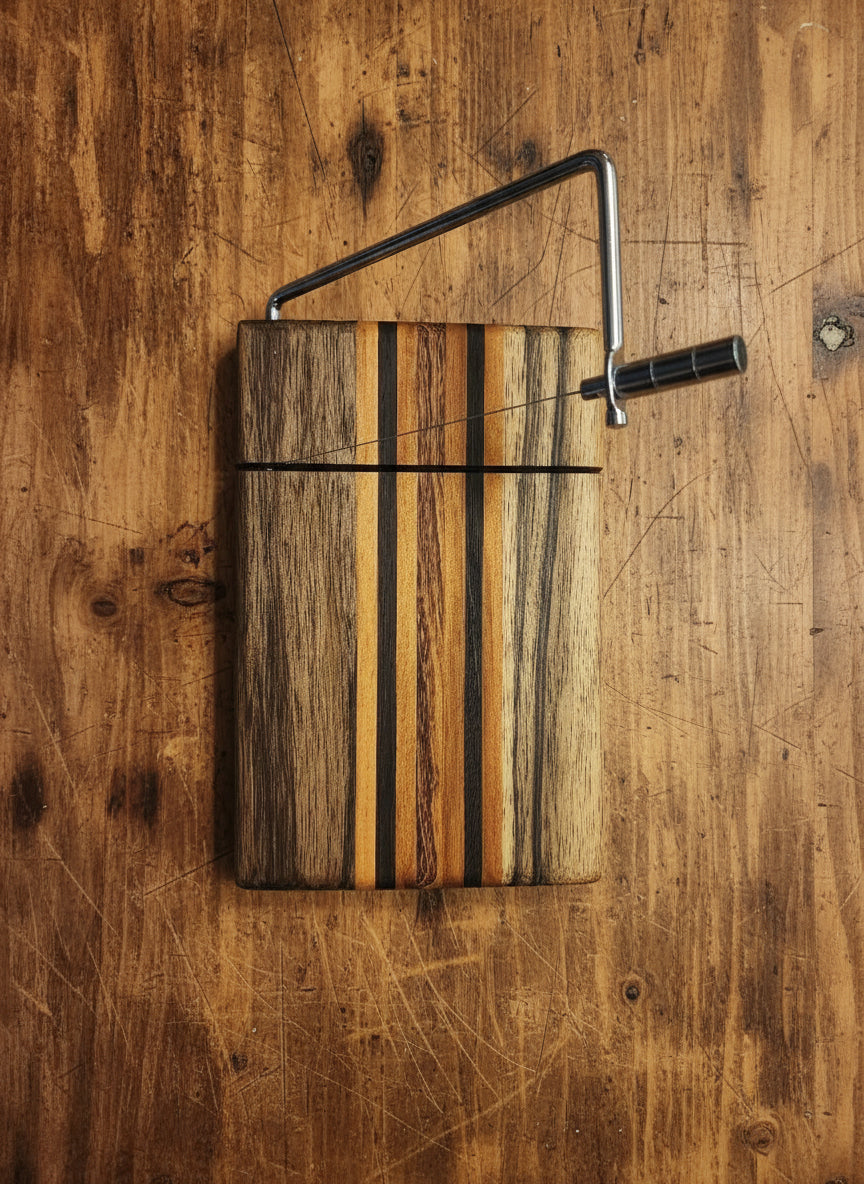 Handmade Cheese Slicer – Black Limba, Honduran Mahogany, Tigerwood & Wenge (6" x 9" x 3/4")