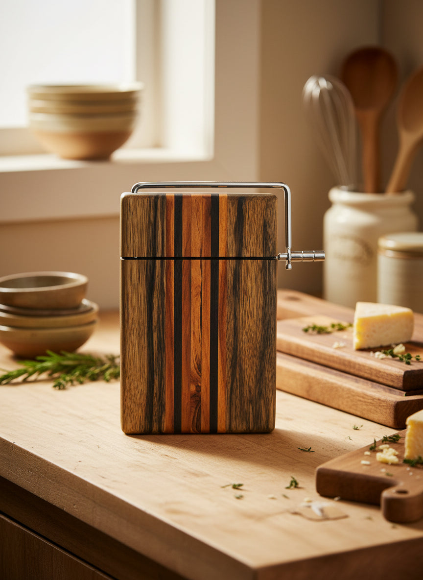 Handmade Cheese Slicer – Black Limba, Honduran Mahogany, Tigerwood & Wenge (6" x 9" x 3/4")
