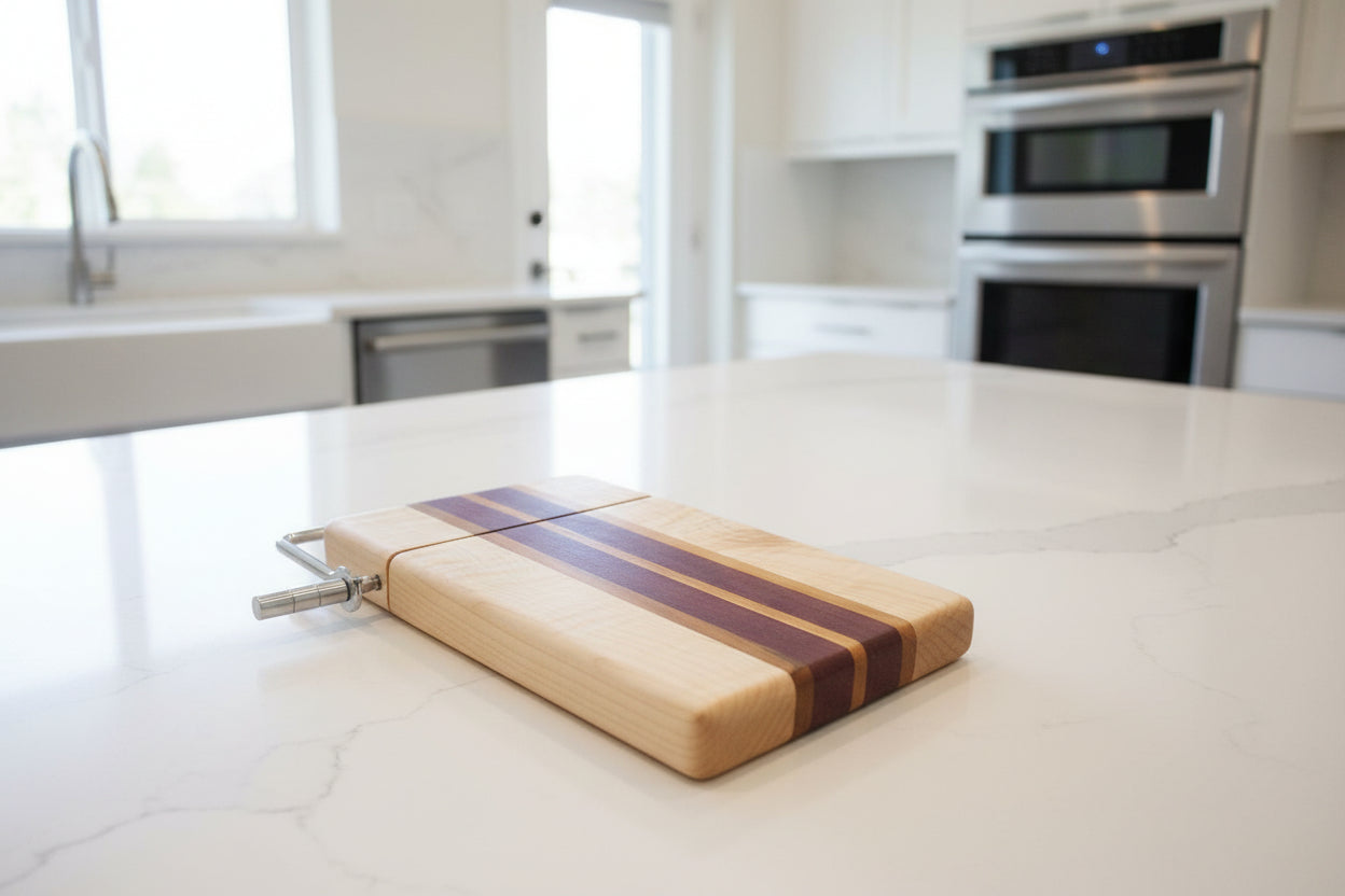 Left‑Handed Purpleheart, Tigerwood & Curly Maple Cheese Slicer – 6x9x¾ with Stainless Steel Wire