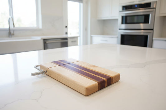 Left‑Handed Purpleheart, Tigerwood & Curly Maple Cheese Slicer – 6x9x¾ with Stainless Steel Wire