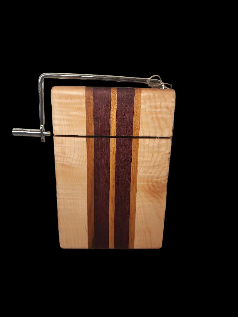 Left‑Handed Purpleheart, Tigerwood & Curly Maple Cheese Slicer – 6x9x¾ with Stainless Steel Wire