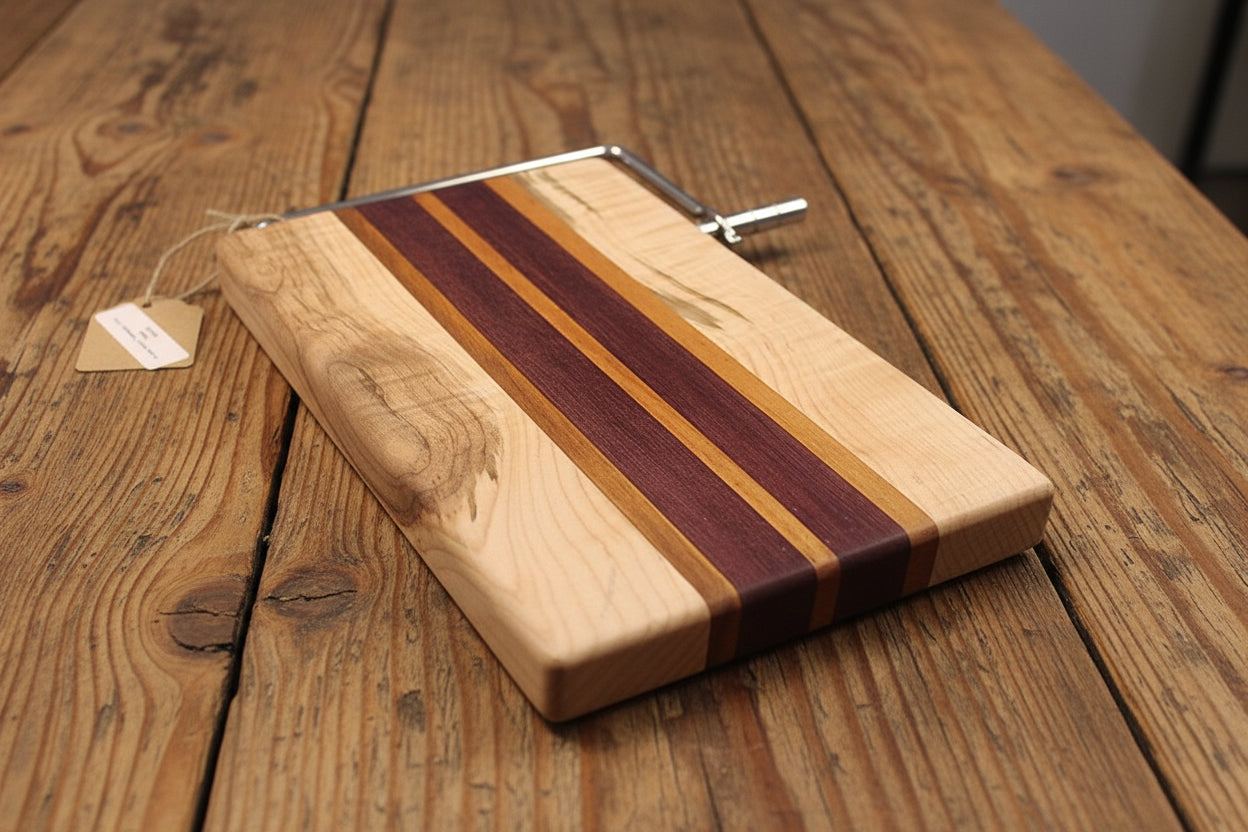 Left‑Handed Purpleheart, Tigerwood & Curly Maple Cheese Slicer – 6x9x¾ with Stainless Steel Wire