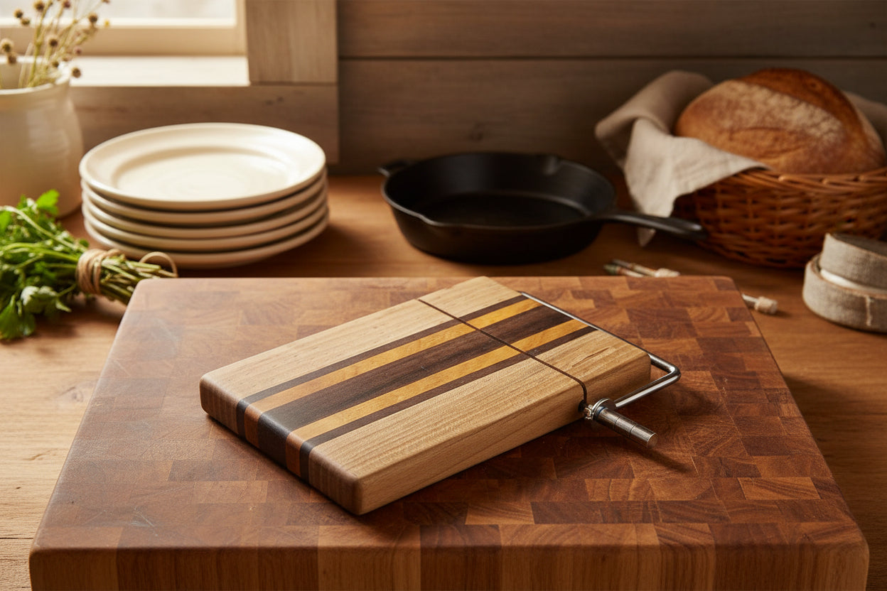 Ambrosia Maple, Canarywood & Wenge Cheese Slicer – 6x9x¾ with Stainless Steel Wire