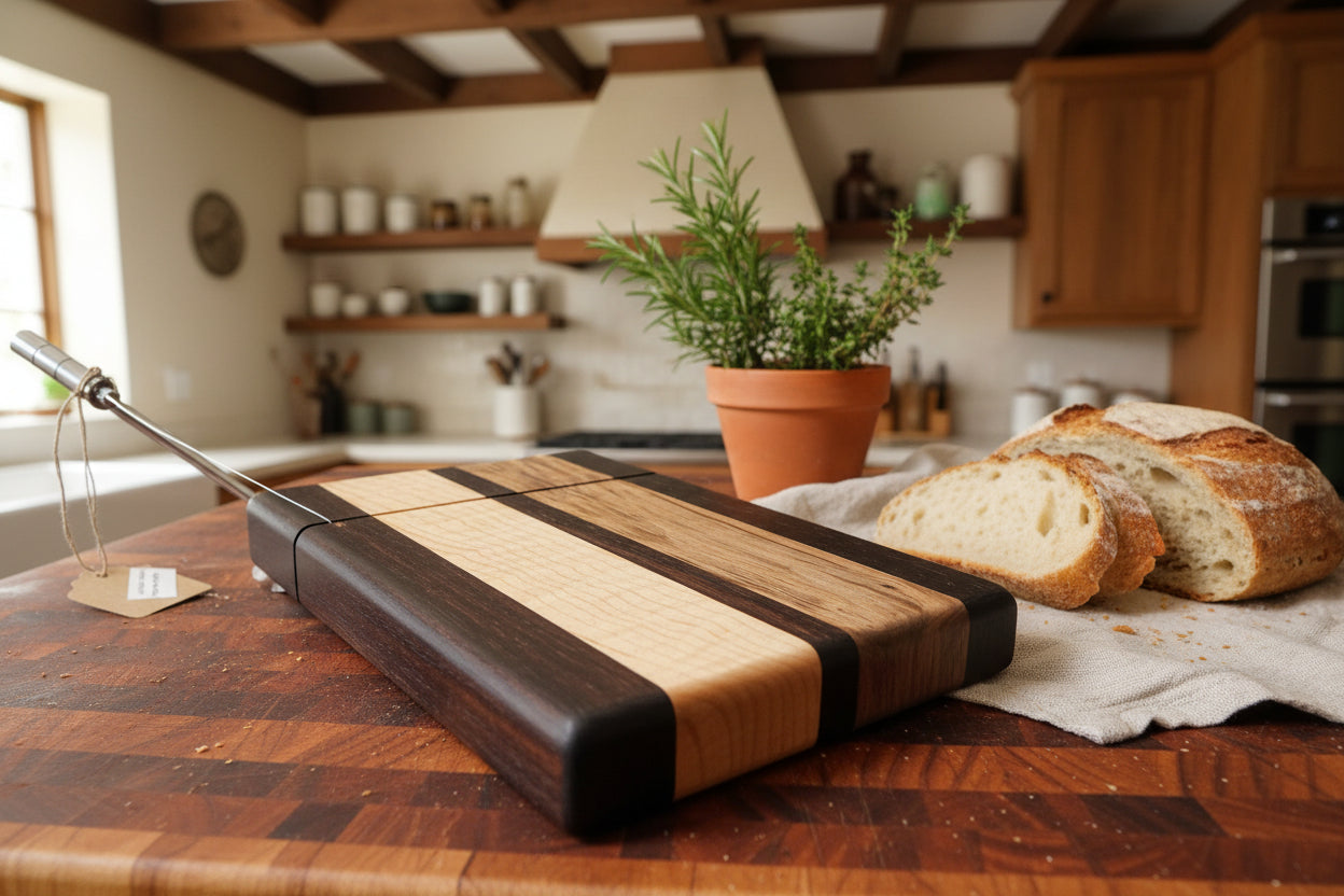 Curly Maple & Wenge Cheese Slicer – Handmade 6x9x¾ with Stainless Steel Wire