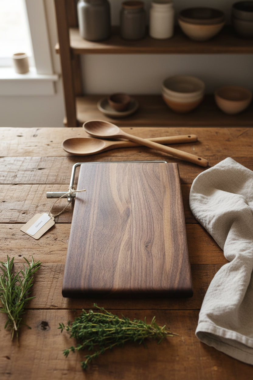 6 × 9 × 3/4" Black Walnut Cheese Slicer — Stainless Steel Wire