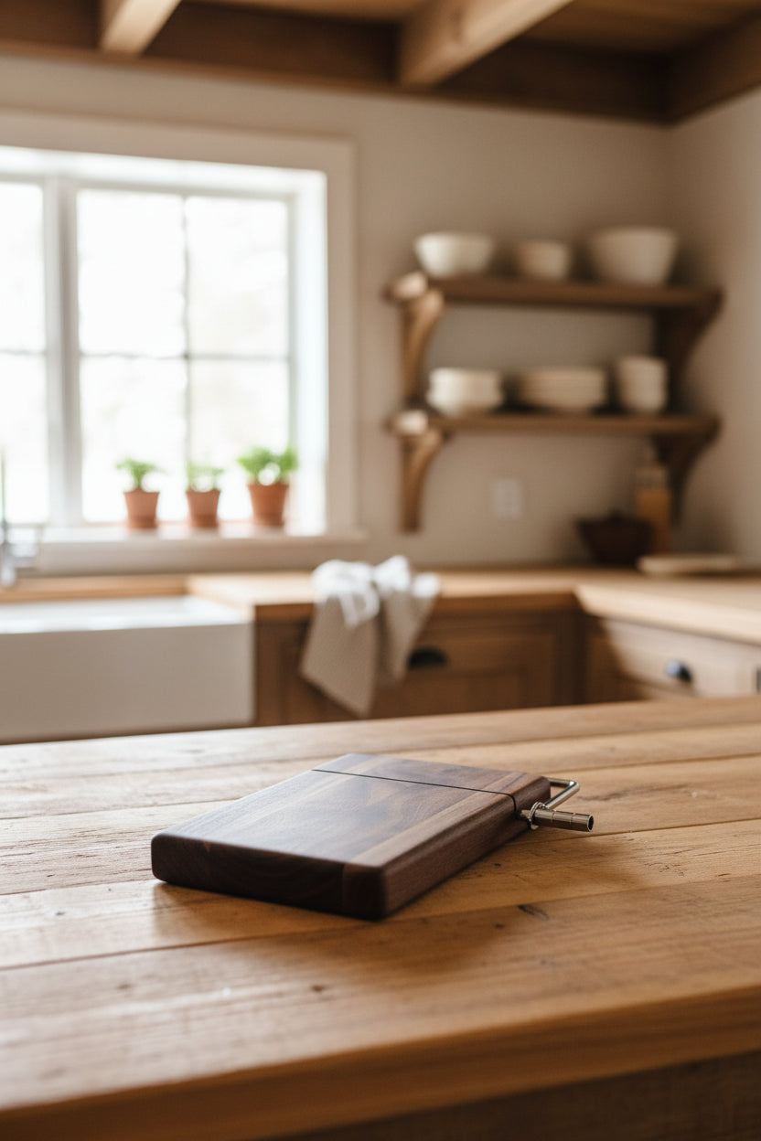 6 × 9 × 3/4" Black Walnut Cheese Slicer with Stainless Steel Wire