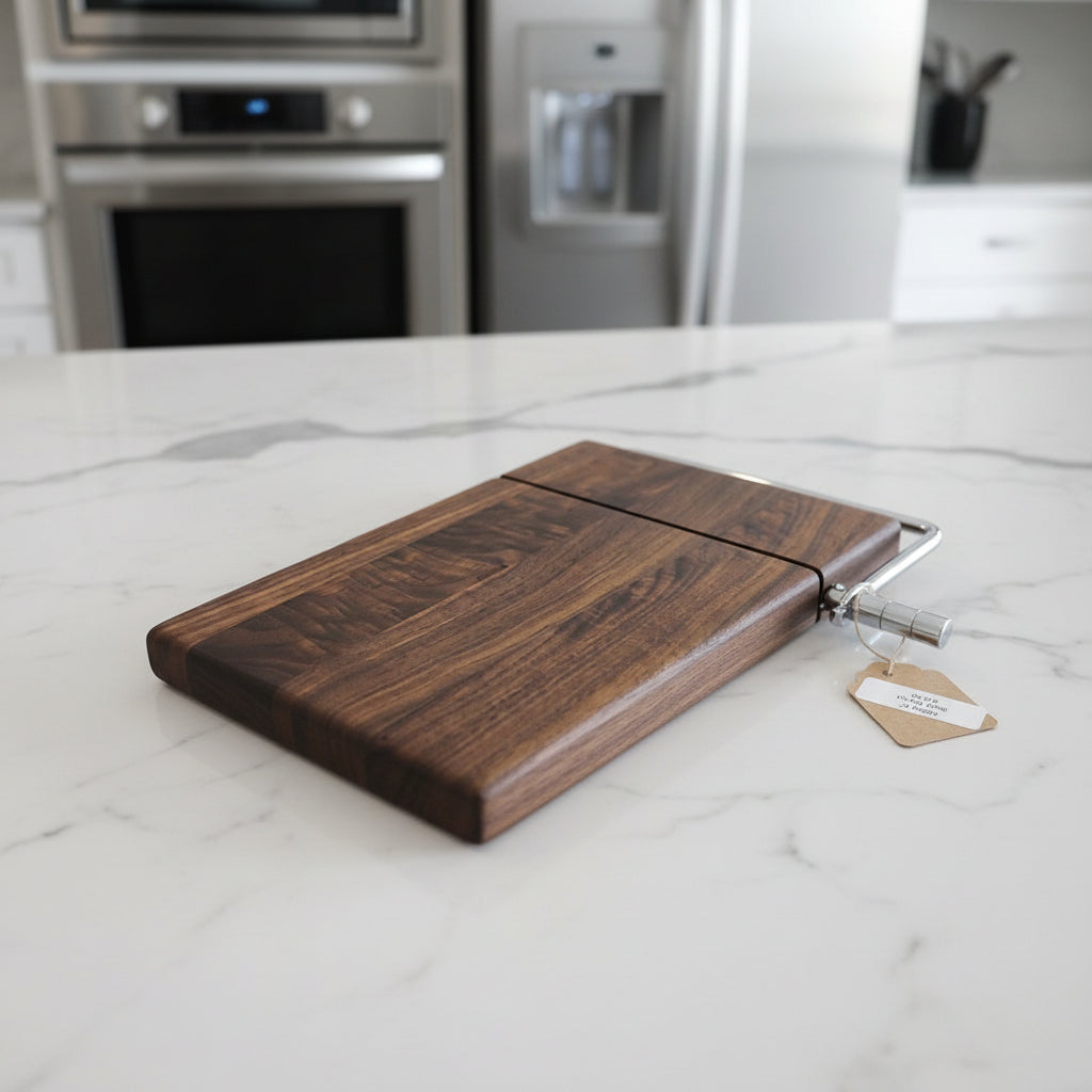 6 × 9 × 3/4" Black Walnut Cheese Slicer — Stainless Steel Wire