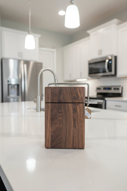 6 × 9 × 3/4" Black Walnut Cheese Slicer — Stainless Steel Wire