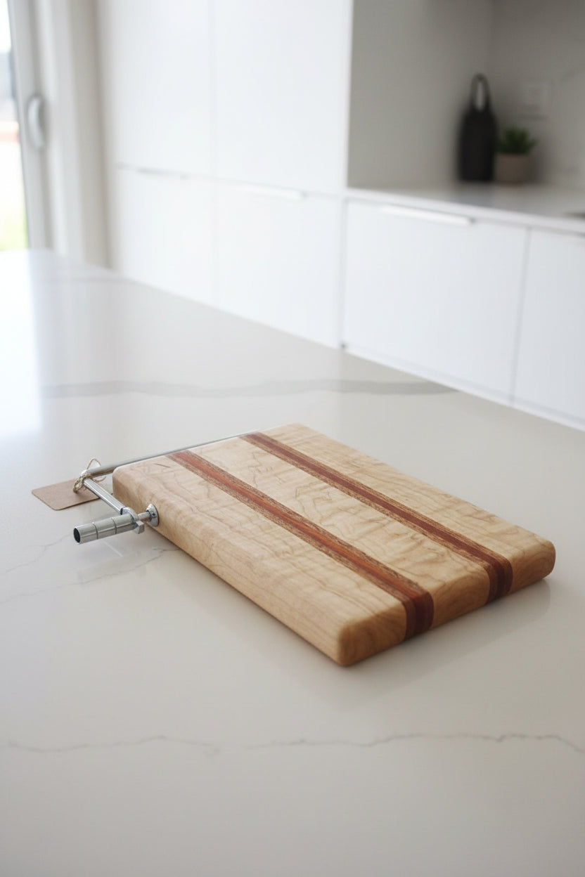 Handcrafted Cheese Slicer – 6" × 9" × 3/4" Curly Maple, Mahogany & Padauk