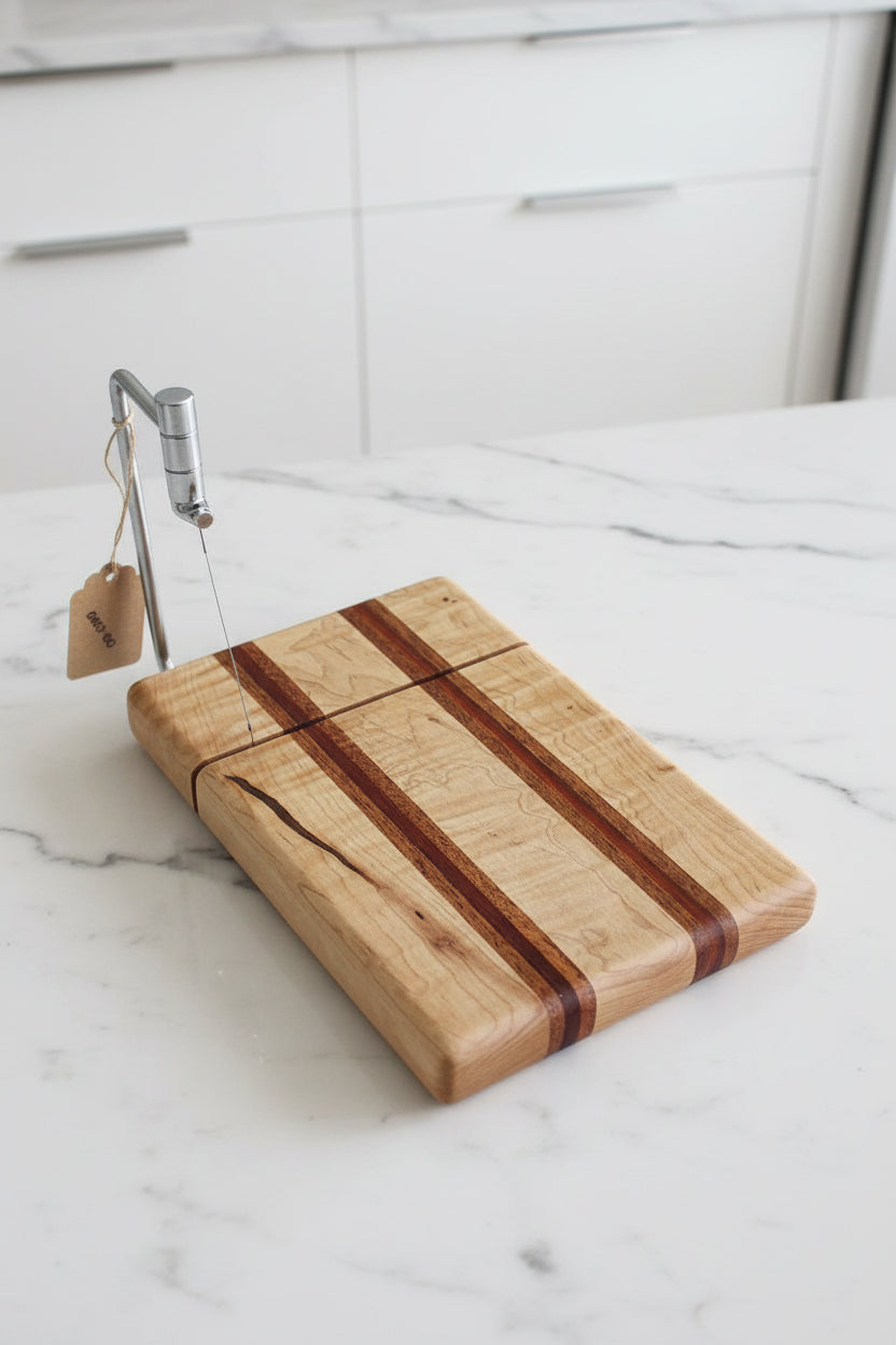 Handcrafted Cheese Slicer – 6" × 9" × 3/4" Curly Maple, Mahogany & Padauk
