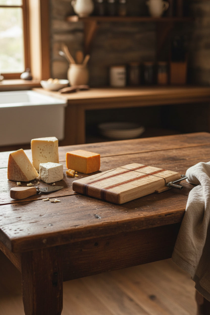 Handcrafted Cheese Slicer – 6" × 9" × 3/4" Curly Maple, Mahogany & Padauk