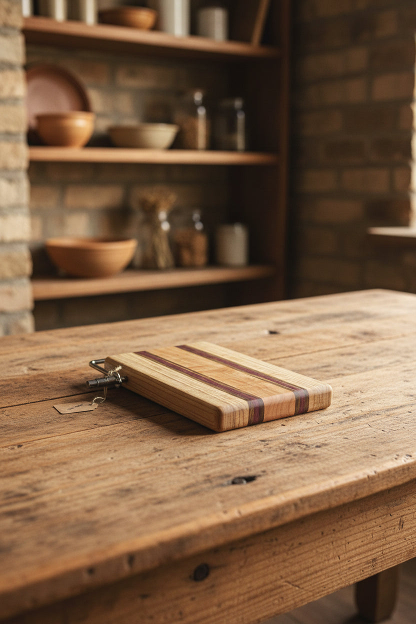 Handcrafted Cheese Slicer – 6" × 9" × 3/4" Curly Maple, Black Limba & Purpleheart