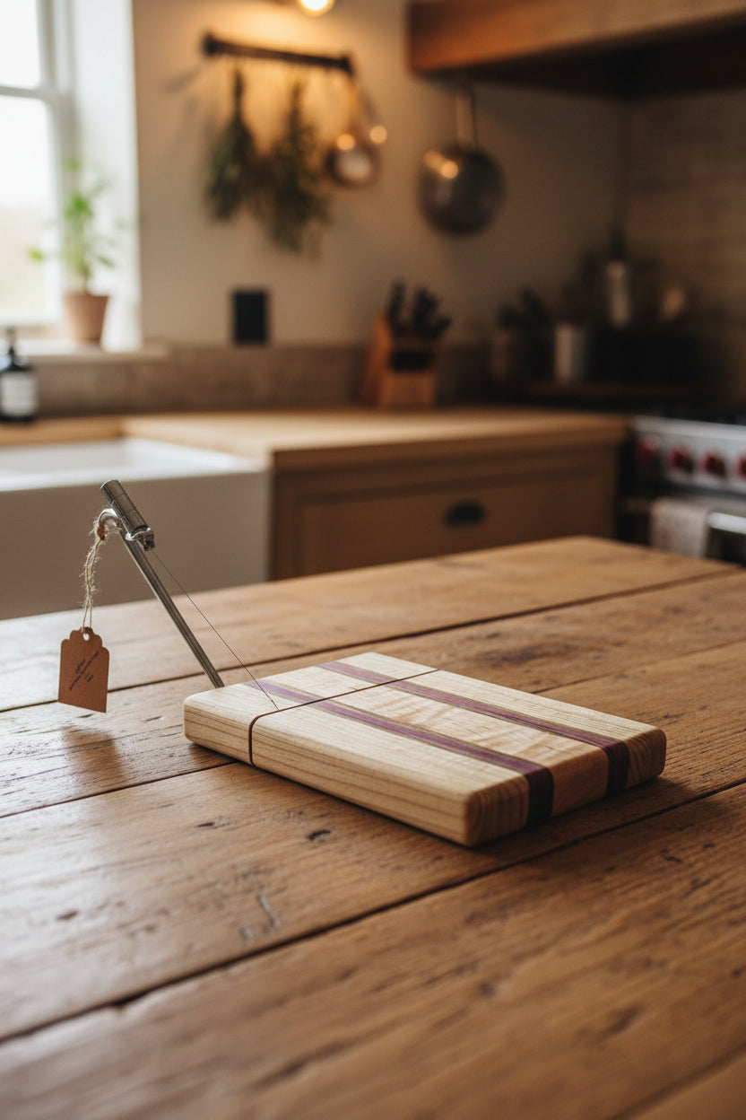 Handcrafted Cheese Slicer – 6" × 9" × 3/4" Curly Maple, Black Limba & Purpleheart