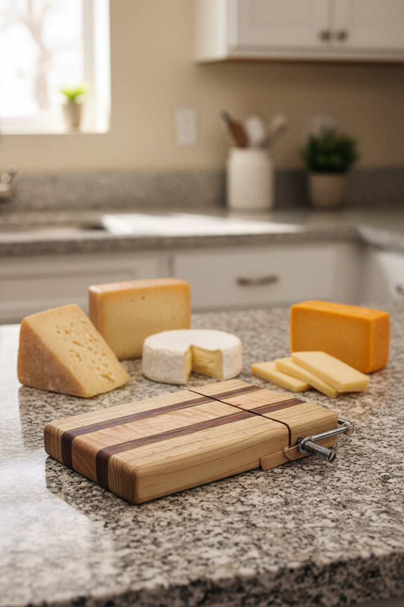 Handcrafted Cheese Slicer – 6" × 9" × 3/4" Curly Maple, Black Limba & Purpleheart