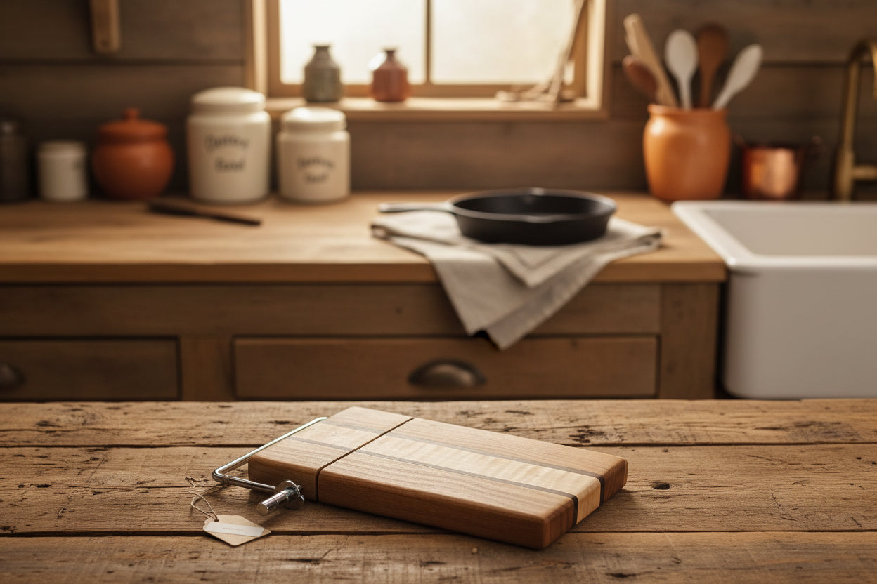 Left‑Handed Black Walnut, Cherry & Curly Maple Cheese Slicer – 6x9x¾ with Stainless Steel Wire