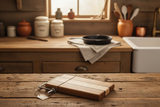 Left‑Handed Black Walnut, Cherry & Curly Maple Cheese Slicer – 6x9x¾ with Stainless Steel Wire