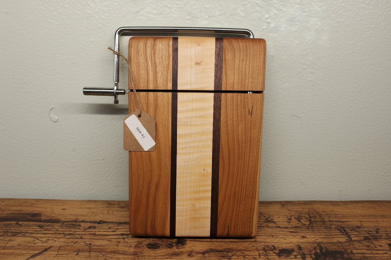 Left‑Handed Black Walnut, Cherry & Curly Maple Cheese Slicer – 6x9x¾ with Stainless Steel Wire
