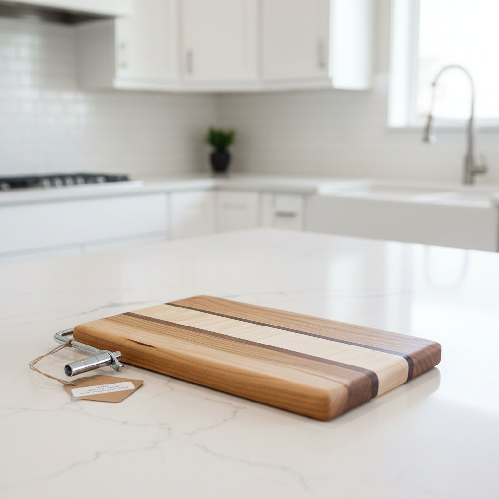 Left‑Handed Black Walnut, Cherry & Curly Maple Cheese Slicer – 6x9x¾ with Stainless Steel Wire