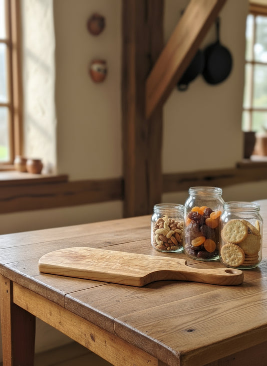 Figured Rustic Cherry Charcuterie Board – 7½ x 20 x ⅞" with Weathered Steel Edge