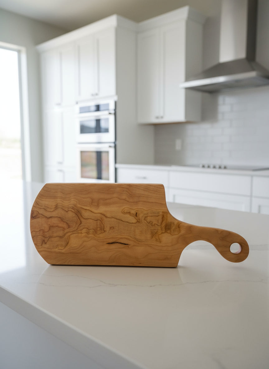 Figured Rustic Cherry Charcuterie Board – 7½ x 20 x ⅞" with Weathered Steel Edge