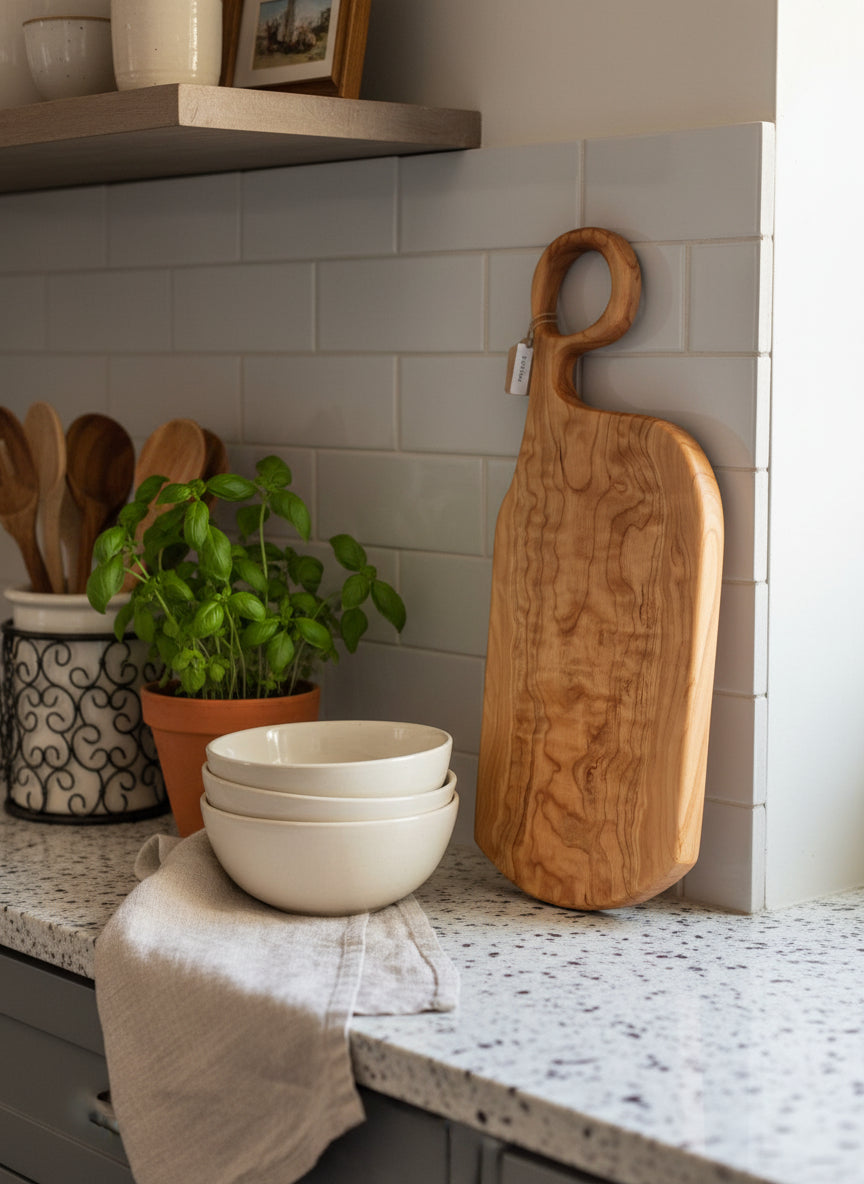 Rustic Cherry Charcuterie Board with Weathered Steel Edge – 7½ x 20 x ⅞"