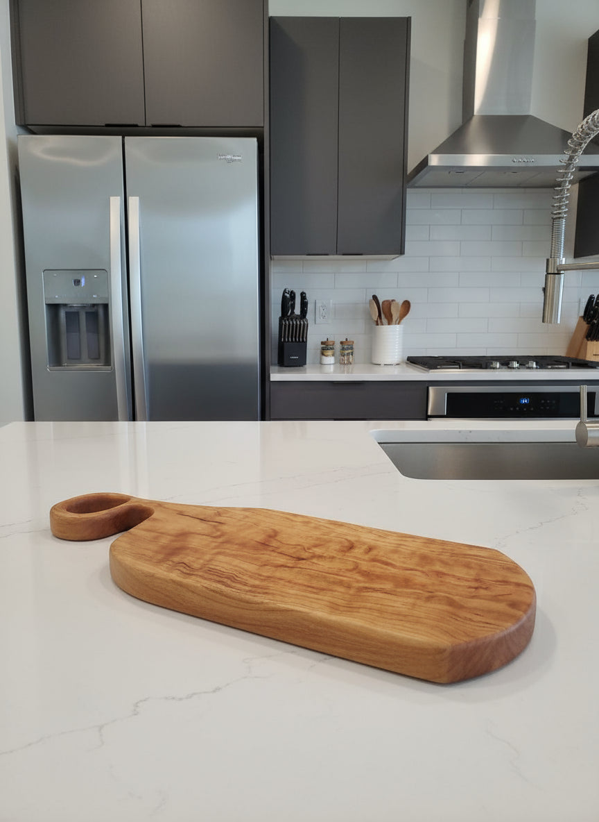 Rustic Cherry Charcuterie Board with Weathered Steel Edge – 7½ x 20 x ⅞"