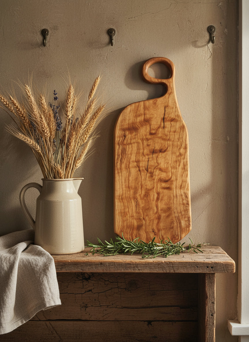 Rustic Cherry Charcuterie Board with Weathered Steel Edge – 7½ x 20 x ⅞"