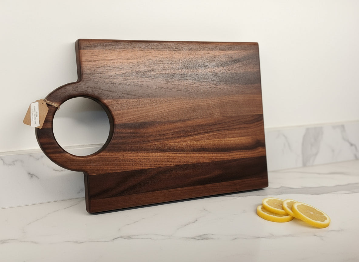 Engraved Black Walnut Cutting Board with Handle – Personalized Craftsmanship, Built to Serve