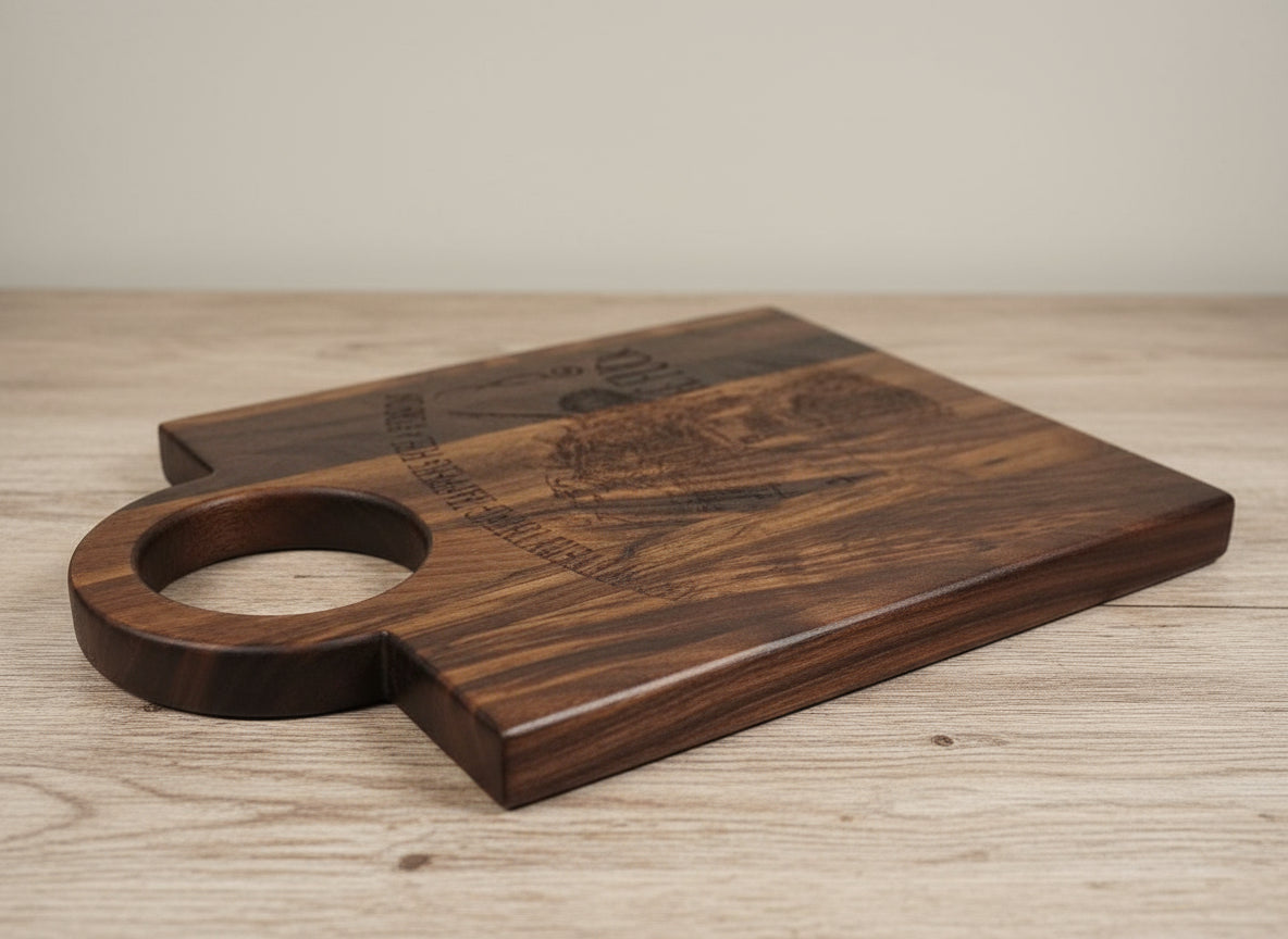 Engraved Black Walnut Cutting Board with Handle – Personalized Elegance Meets Everyday Utility