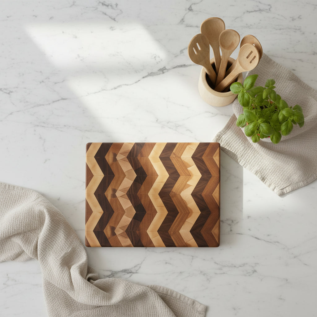 A square wooden cutting board with a chevron pattern of alternating light and dark wood stripes, resting on a speckled granite countertop.