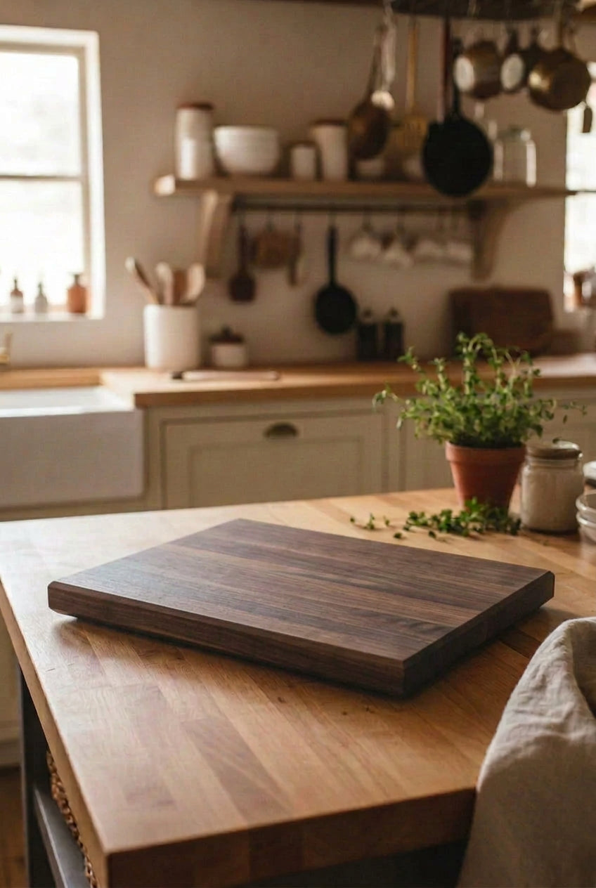 Handcrafted 11×17×1.5-inch American Black Walnut cutting board featuring rich dark hardwood grain.