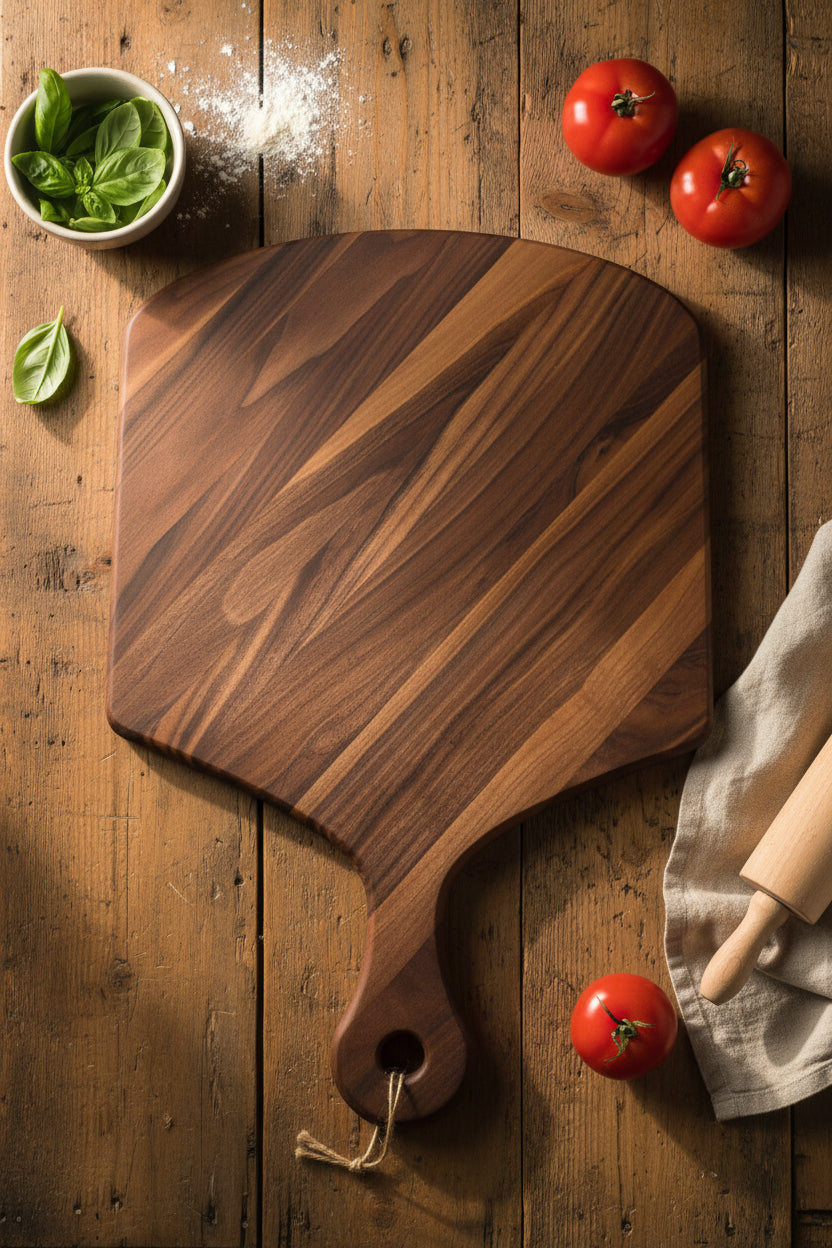 Black Walnut pizza peel cutting board in a rustic kitchen