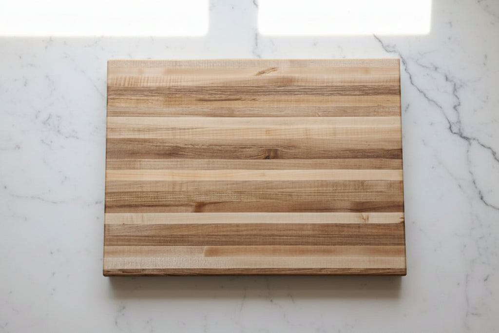 A rectangular wooden cutting board with a striped grain pattern and integrated handle cutouts, resting on a speckled granite countertop.