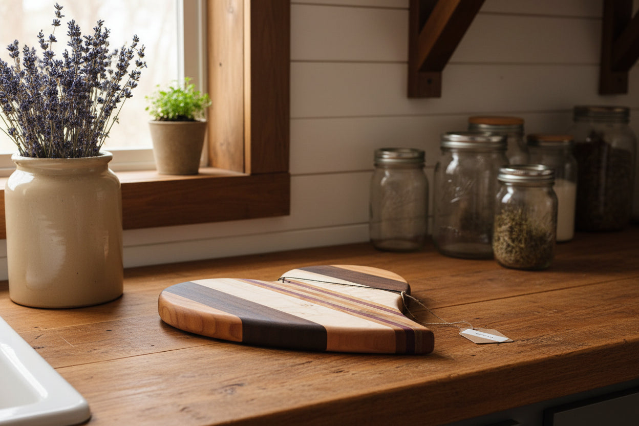 Curly Maple, Ambrosia Maple, Cherry, Purpleheart & Black Walnut Heart‑Shaped Cutting Board – 10" x 0.75"