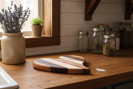 Curly Maple, Ambrosia Maple, Cherry, Purpleheart & Black Walnut Heart‑Shaped Cutting Board – 10" x 0.75"